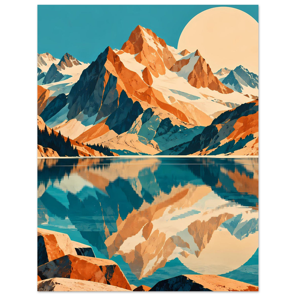Naturposter im Hochformat: Gebirge mit Spiegelung im See, blau und orange, rundes Motiv