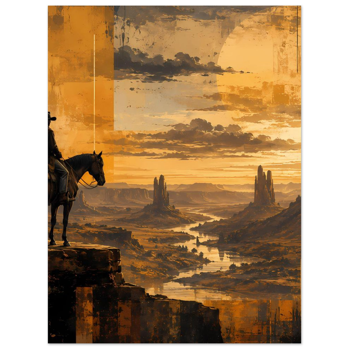 Wandposter mit Cowboy und Pferd auf Felsvorsprung, Wüste mit Sonnenuntergang und Fluss