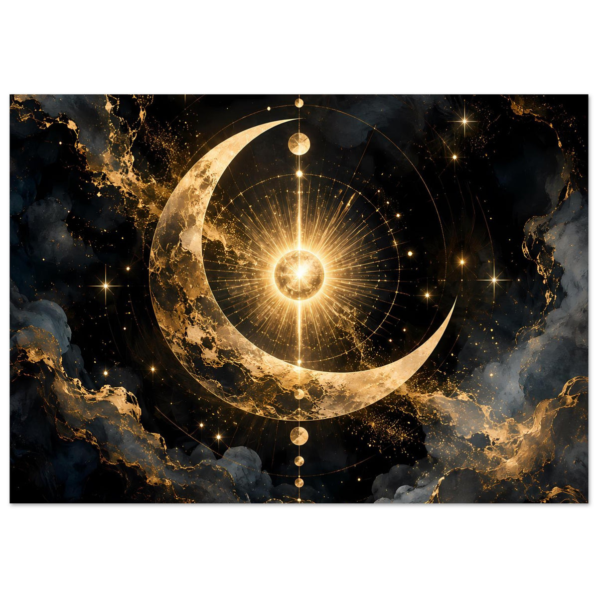 Horizontales Wandposter mit goldener Mondsichel, Sternen und Kreisringen auf dunklem Grund