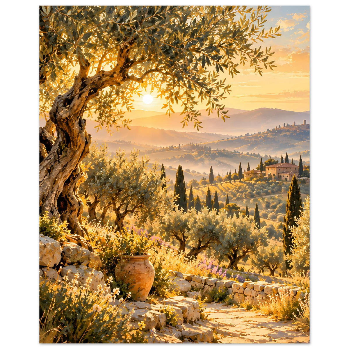 Poster im Hochformat: Olivenbaum links, goldene Wiesen, Zypressen und sonniger Himmel