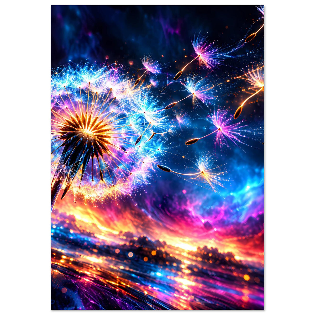 Leuchtendes Poster mit Feuerwerk-Motiv, funkelnde Lichtbahnen, orange und pinke Explosionen