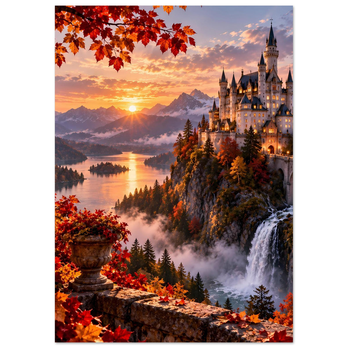 Herbstliches Schloss-Poster, hochkant: Schloss am Fluss, Nebel, Wasserfall und Herbstlaub