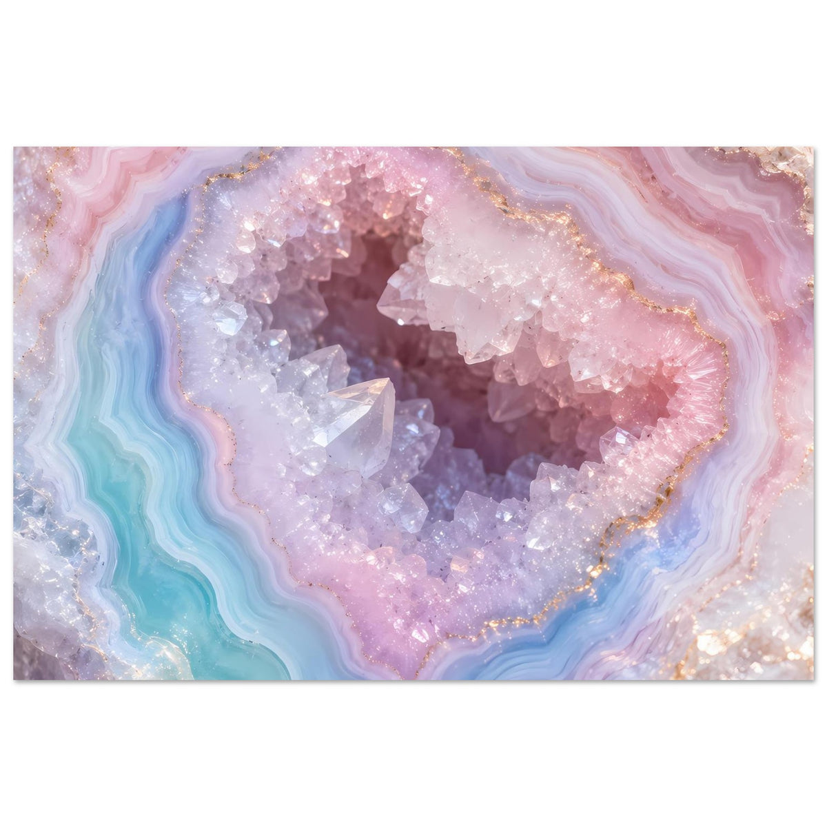 Poster mit Achat-Geode: rosa-violette Schichten und hellblaue Bereiche, kristallklarer Glitzer