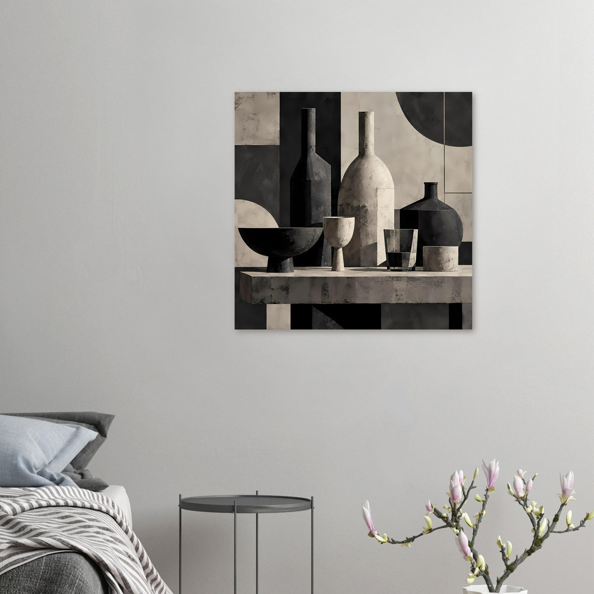 Still-Life-Poster: monochrome Flaschen und Gläser, kompakt im Querformat