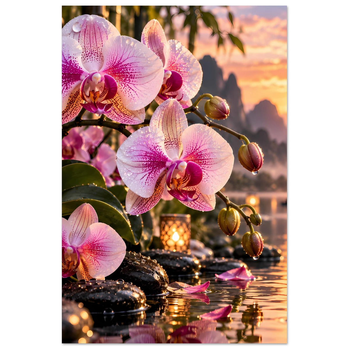 Orchideen-Poster, zentriert rosa Orchideenblüten und goldene Kerzen auf Wasser