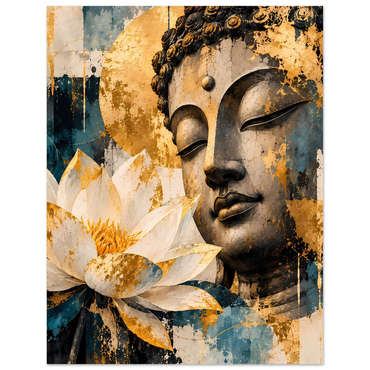 Poster mit Buddha-Ausschnitt und weiß-goldener Lotusblüte, kräftige Gold- und Blautöne