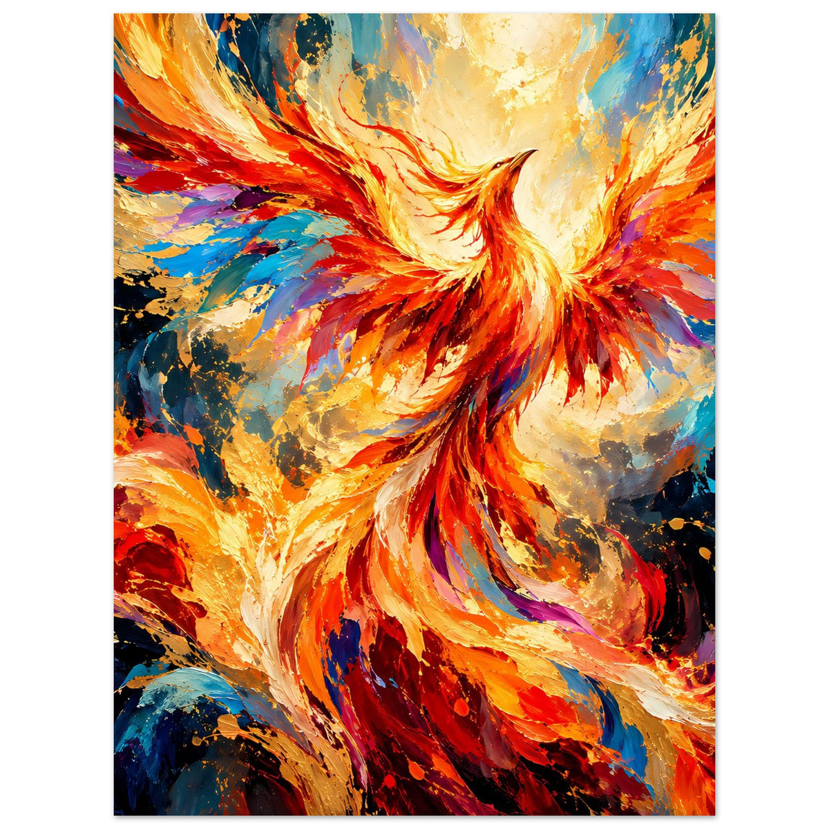 Vertikales Poster mit Phönix-Porträt in Flammenfarben, orange/rot, blau gesprenkelt, schwarzer Rahmen