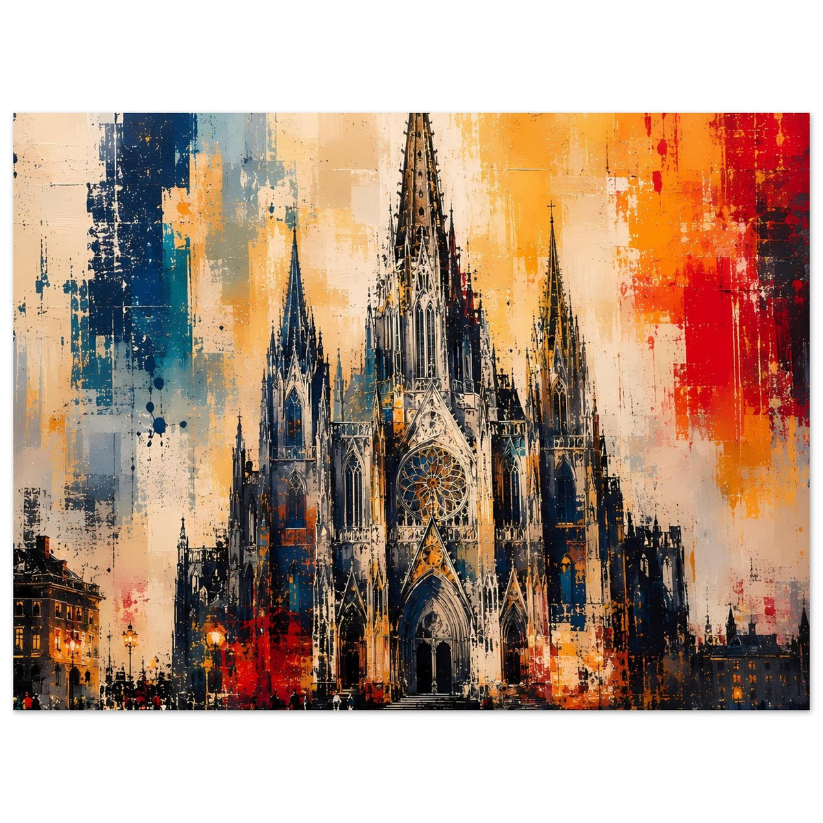 Gotisches Kathedralen-Poster: schwarze Turmspitzen, Rosettenfenster und blau-orange Sprühfarben