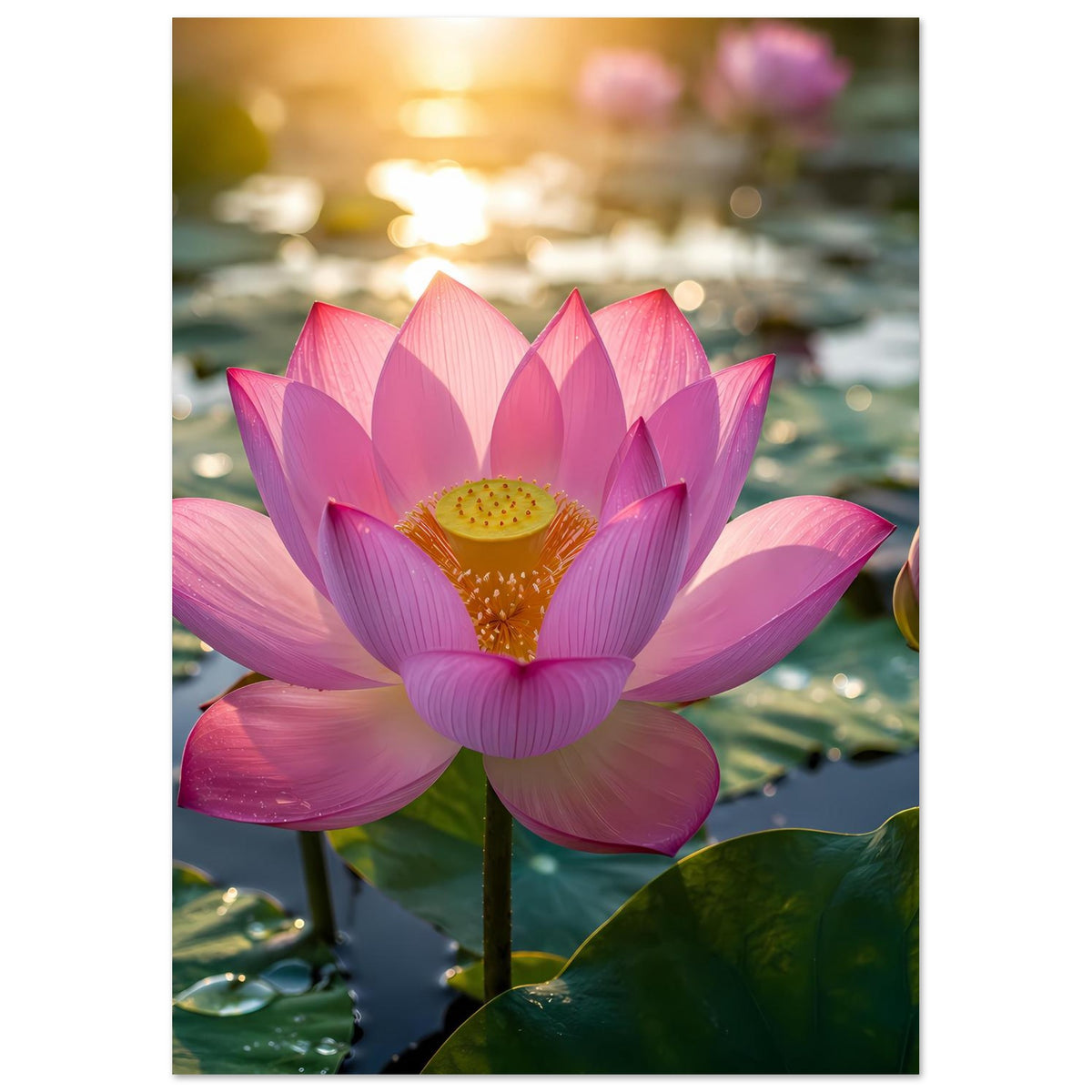 Poster mit pinker Lotusblüte, orangefarbenem Zentrum und großem grünen Blatt