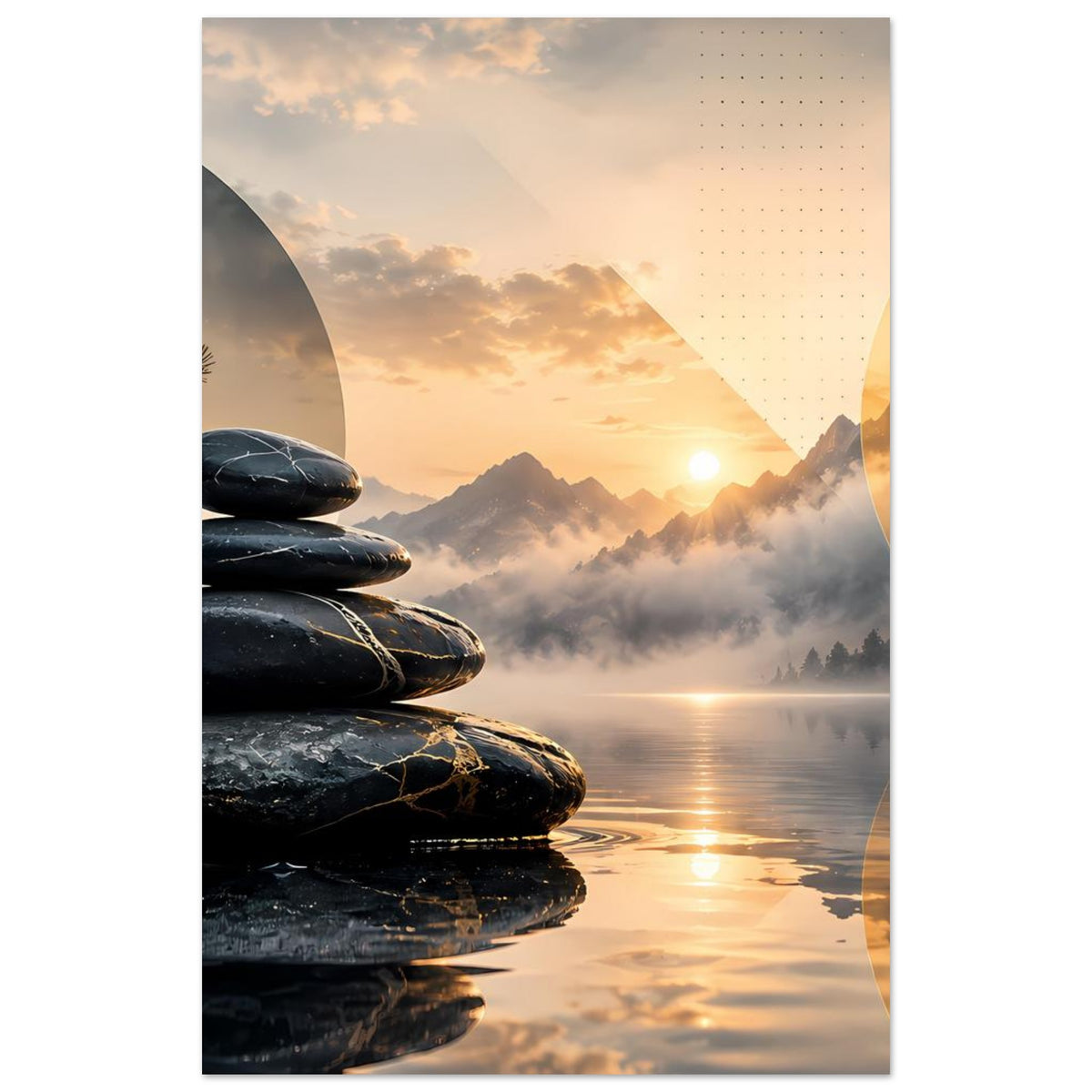 Zen-Kunstposter im Hochformat, links Steinstapel angeschnitten, Sonnenaufgang über Nebel und See