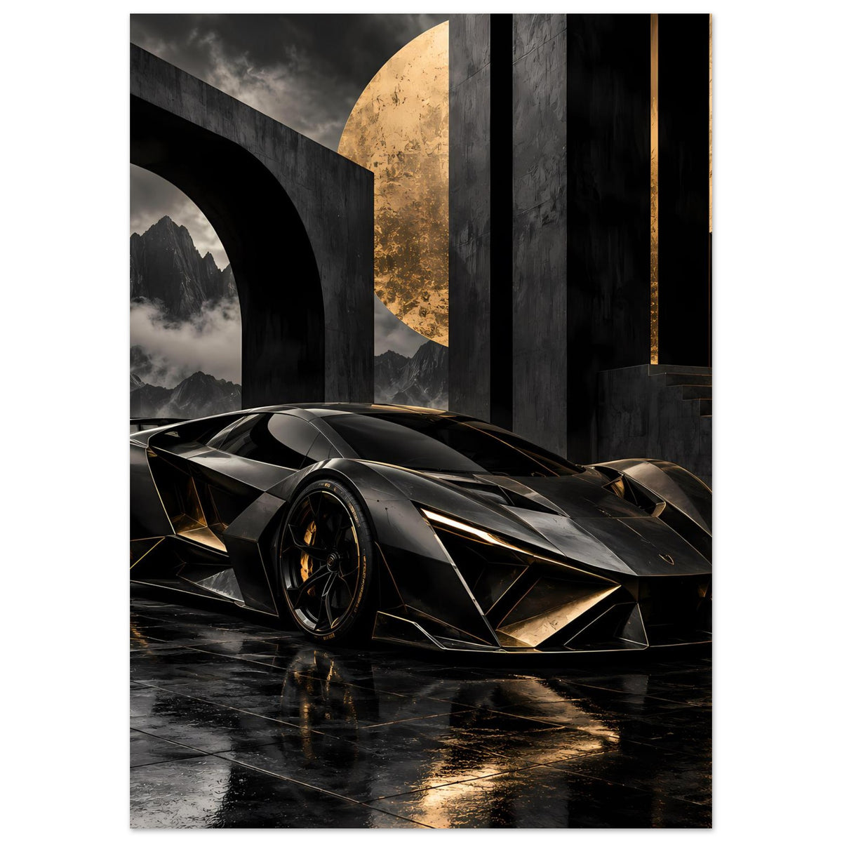 Poster mit futuristischem Supersportwagen in Schwarz und Gold, Front-3/4, schwarze Spoiler-Optik