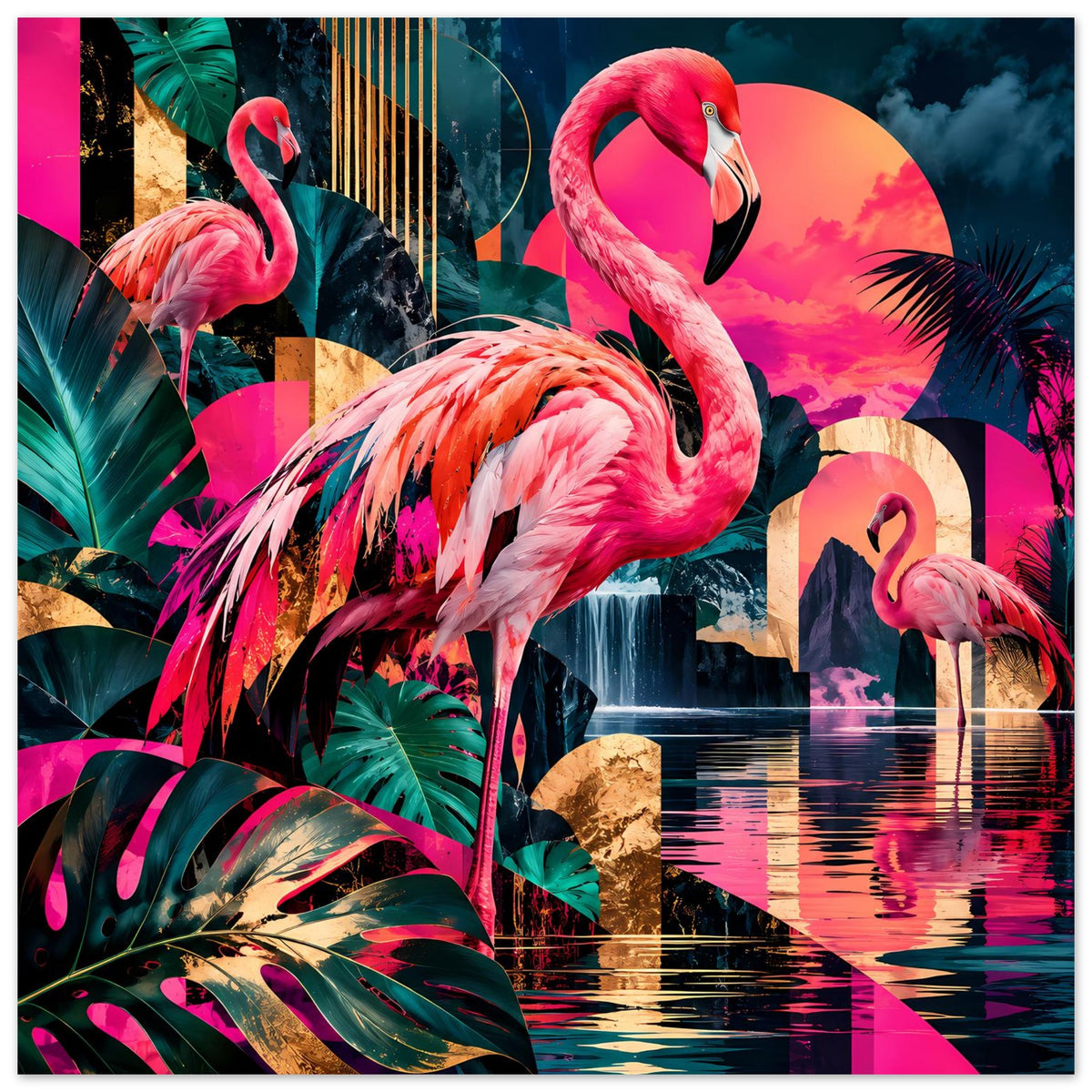 Poster mit zwei Flamingos, Palmen, Wasser und kräftigem Farbverlauf im Tropenstil