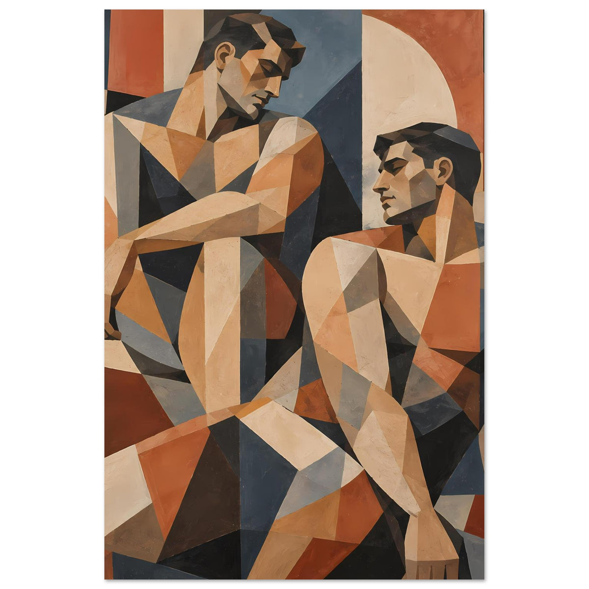Geometrisches Kunstposter Hochformat mit zwei stilisierten Gesichtern, warme Erdtöne