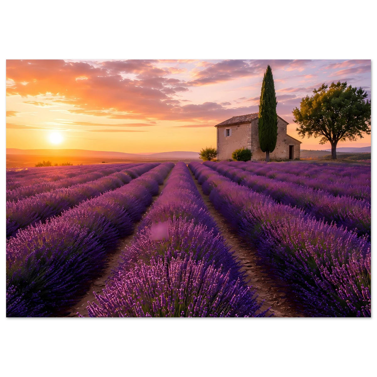 Lavendel-Feld-Poster: lila Blütenreihen, Landhaus, Zypresse, goldener Sonnenuntergang