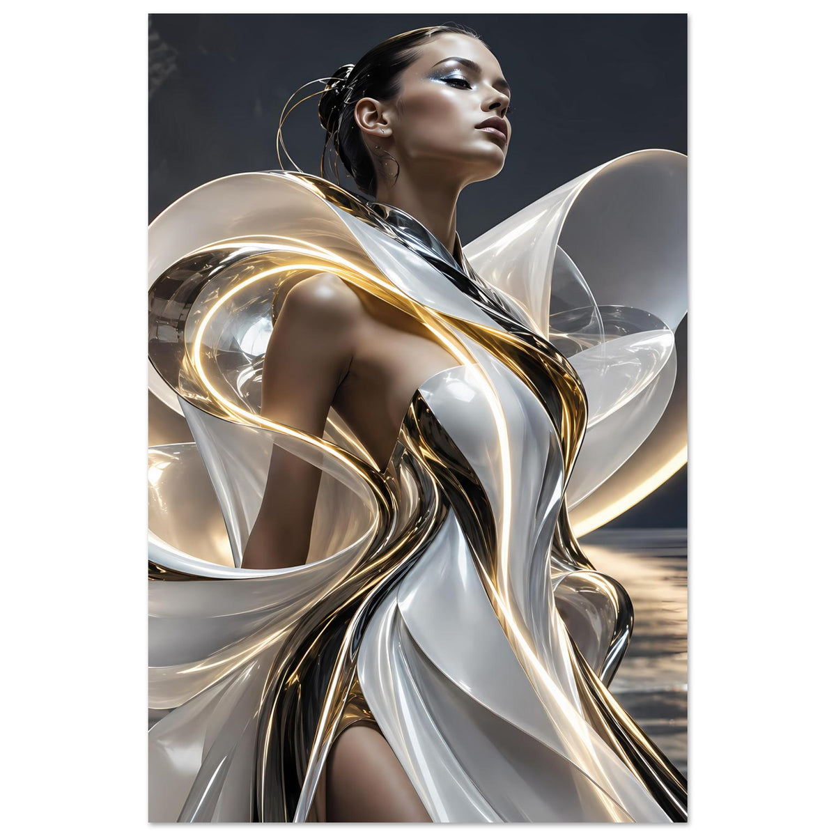 Abstraktes Poster: Frau im silbernen, goldumrandeten Metallwirbelkleid mit Schleifen