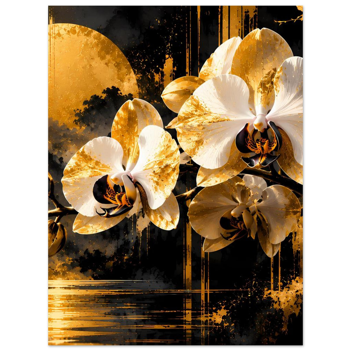 Blumenposter mit gold-weißen Orchideenblüten, dunkles Grafikdesign mit goldenen Akzenten