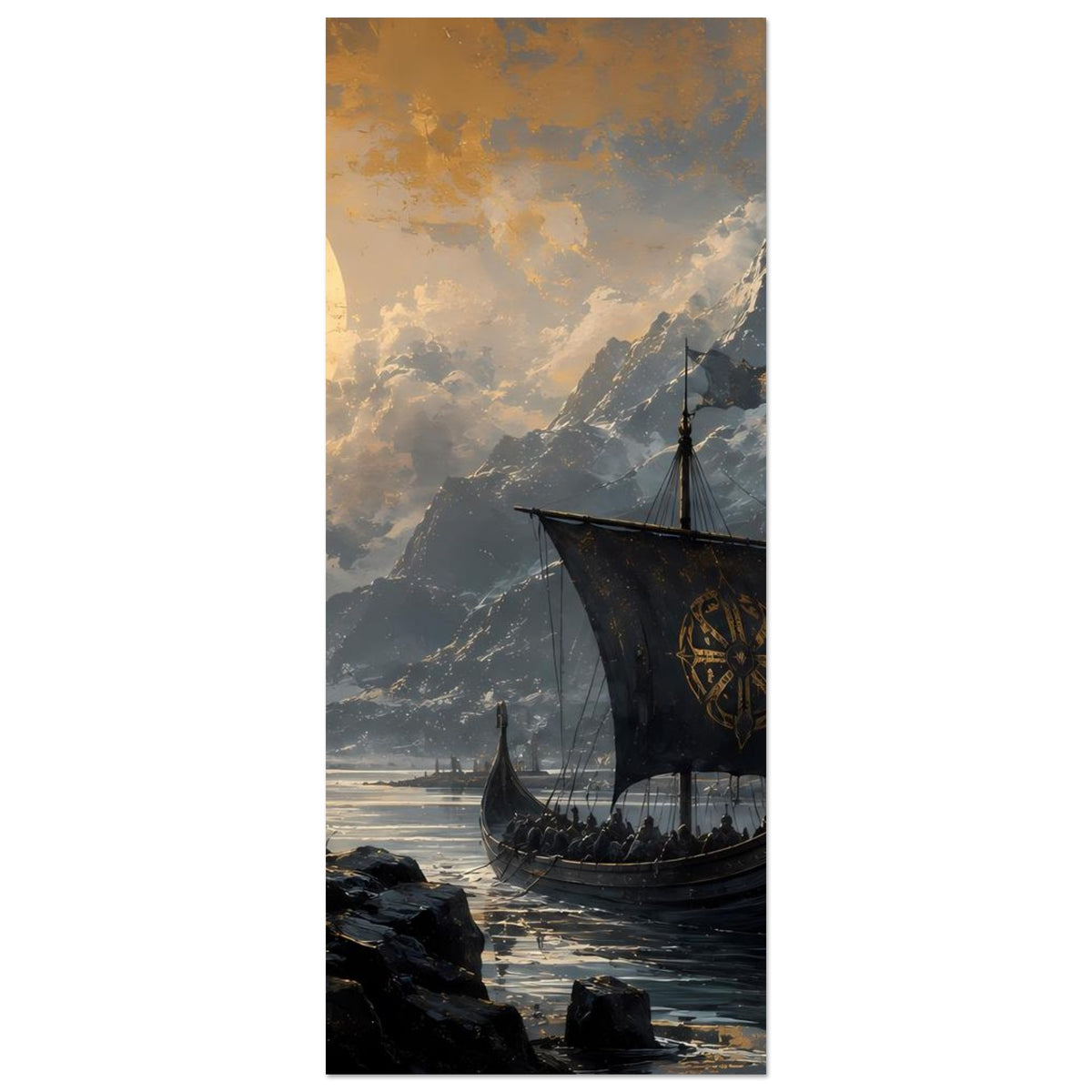 Wikinger-Poster, hochkant: Drachenboot mittig, Berge und Fjord, Krieger am Rand links