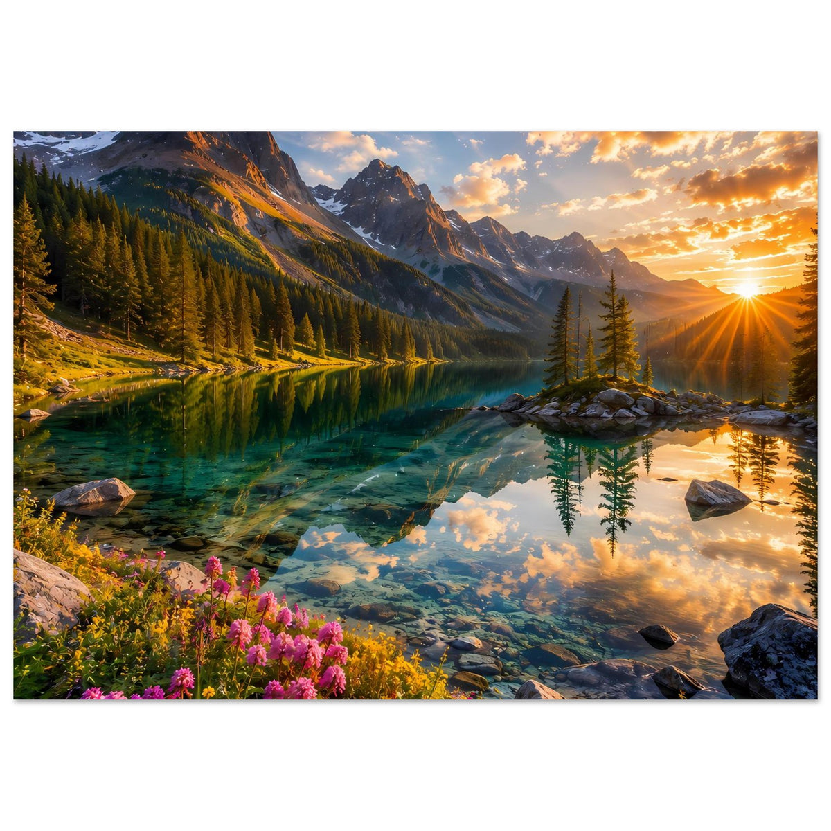 Poster Sonnenuntergang am Bergsee mit glitzerndem Wasser, Tanneninsel und pinken Blüten.