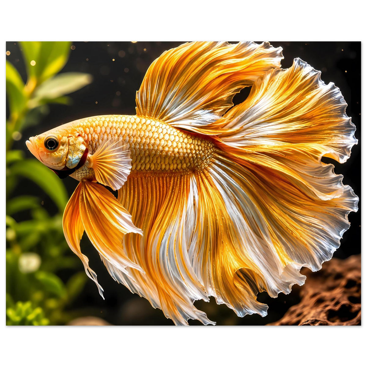 Poster mit goldfarbenem Betta-Kampffisch, gefächerte Flossen in Gold, Orange und Weiß