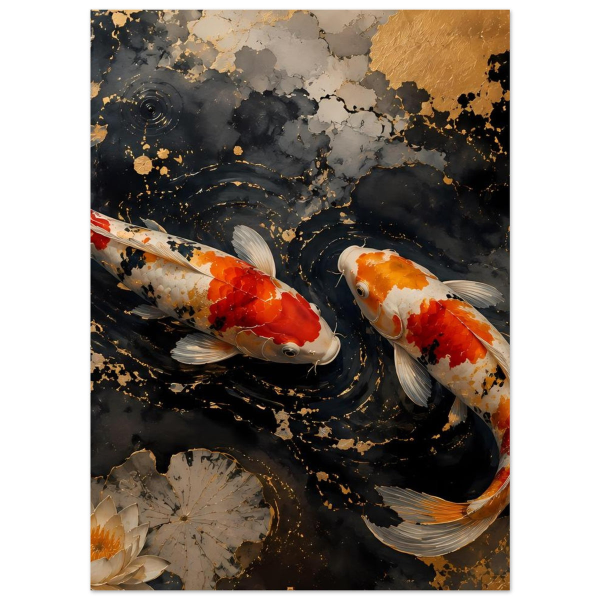 Poster mit zwei Koi-Fischen im dunklen Wasser, orange-rote Schuppen, Seerosen