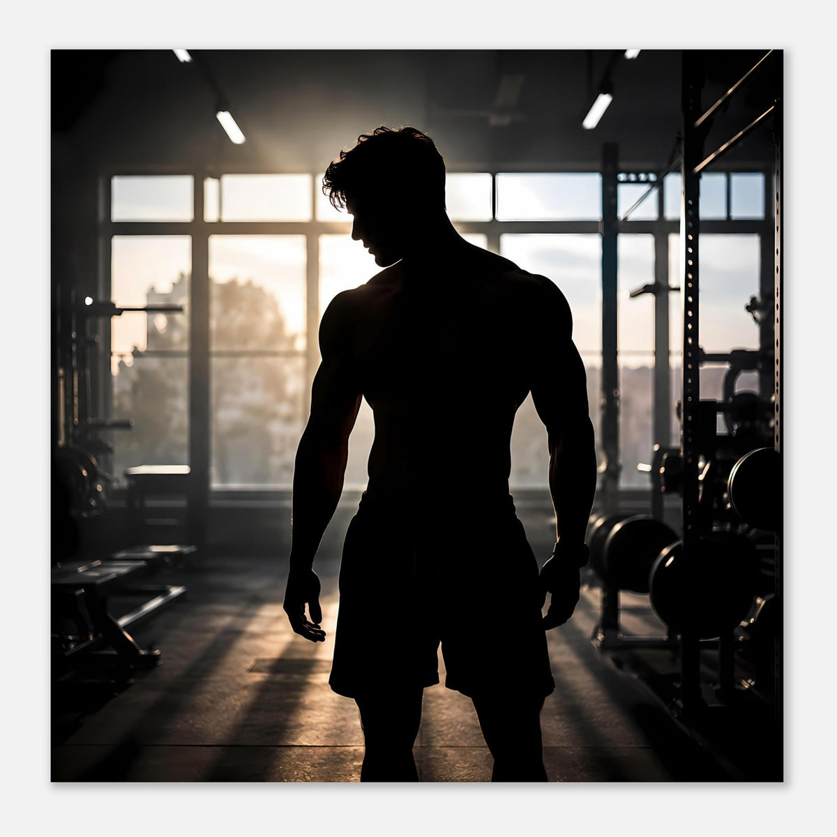 Quadratisches Poster mit Silhouette eines Mannes im Fitnessstudio, seitlich