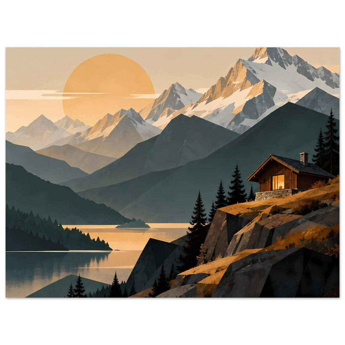 Poster mit Blick auf Berge und See, Sonnenuntergangsstimmung und Holzhaus am Hang