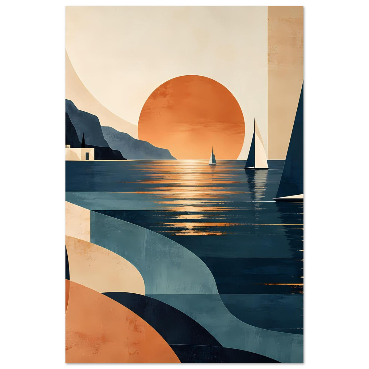 Vertikales Poster mit orangefarbener Sonne, Segelbooten und dunklem Meer mit warmen Reflexen