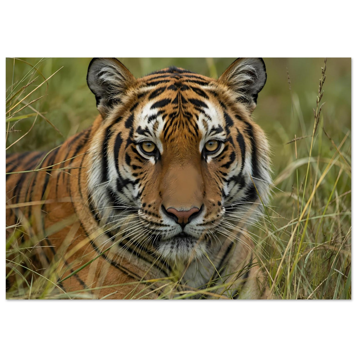 Quadratisches Poster mit Tiger im Gras, Frontansicht von Kopf, Ohren und Gesicht