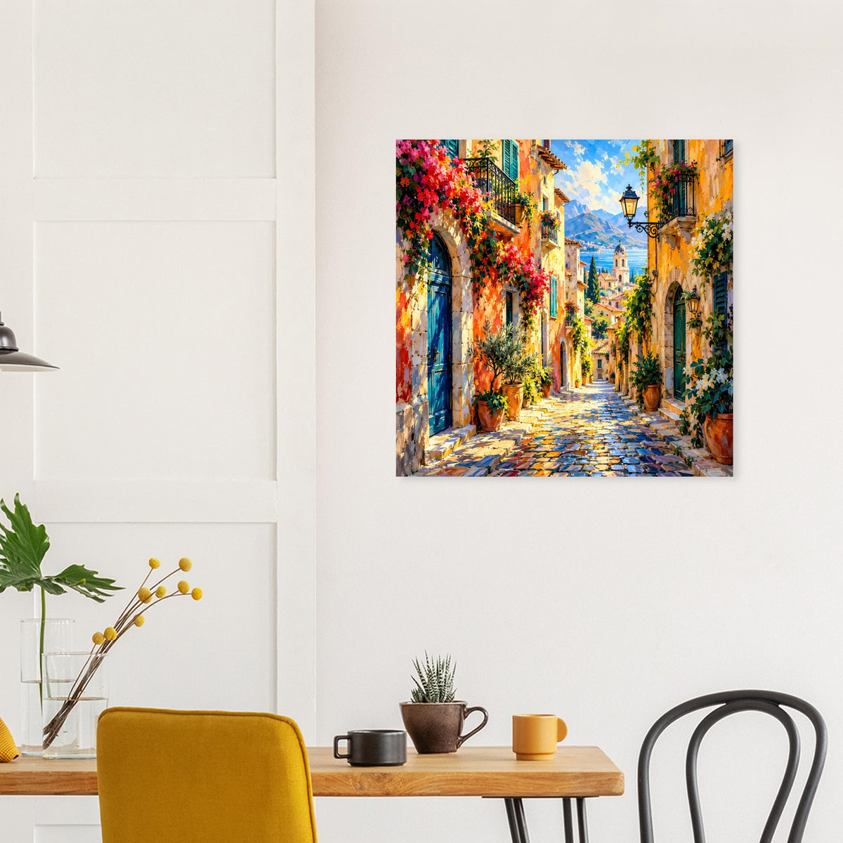 Quadratisches Gasse-Poster mit farbenfroher Gasse und leuchtendem Himmel