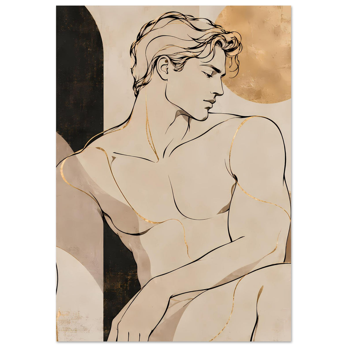 Kunstposter mit Aktfigur im Profil, cremefarbene Zeichnung, goldener Halbkreis und dunkle Flächen
