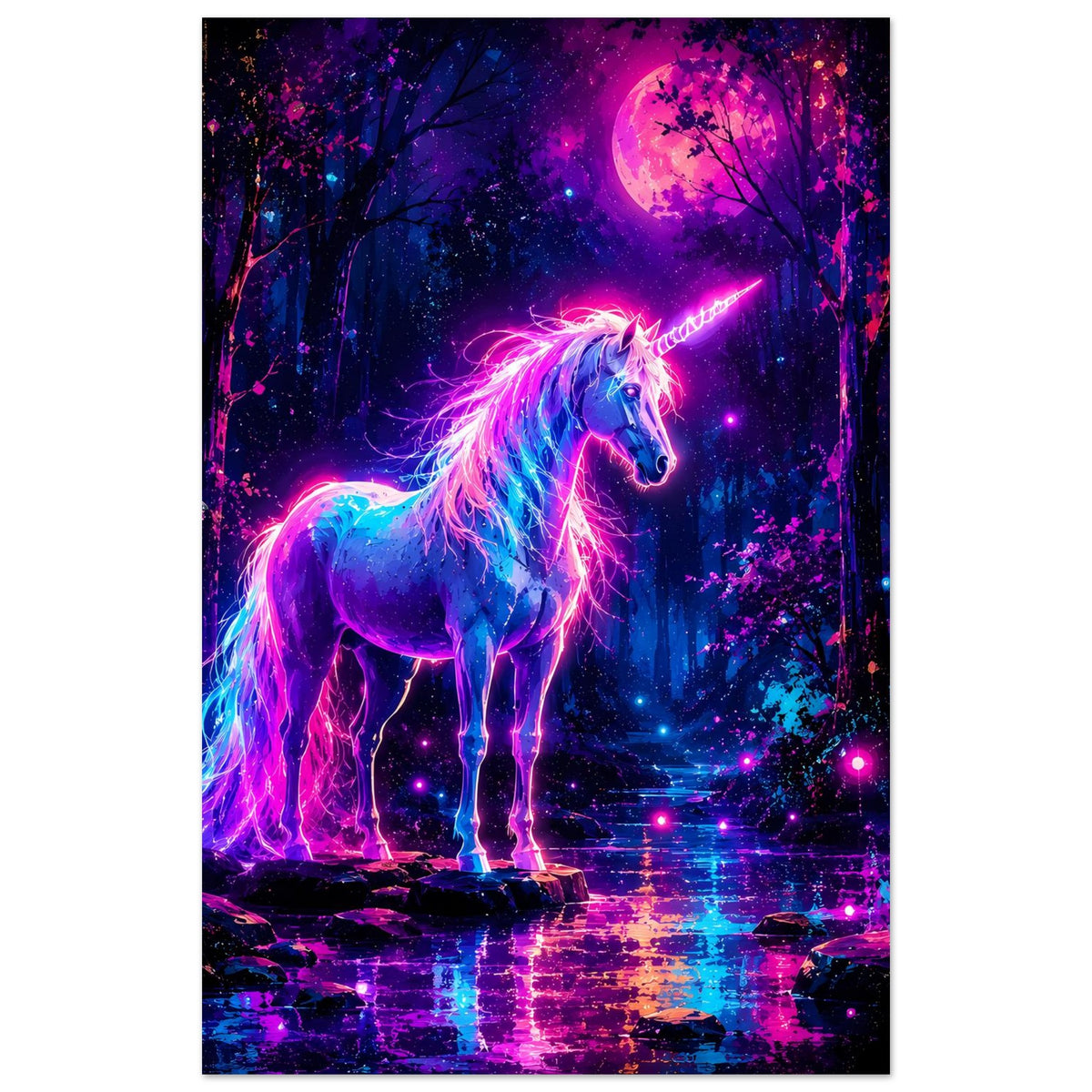 Neon-Einhorn-Poster, Einhorn mit leuchtendem Horn, Fokus auf Oberkörper und Mähne