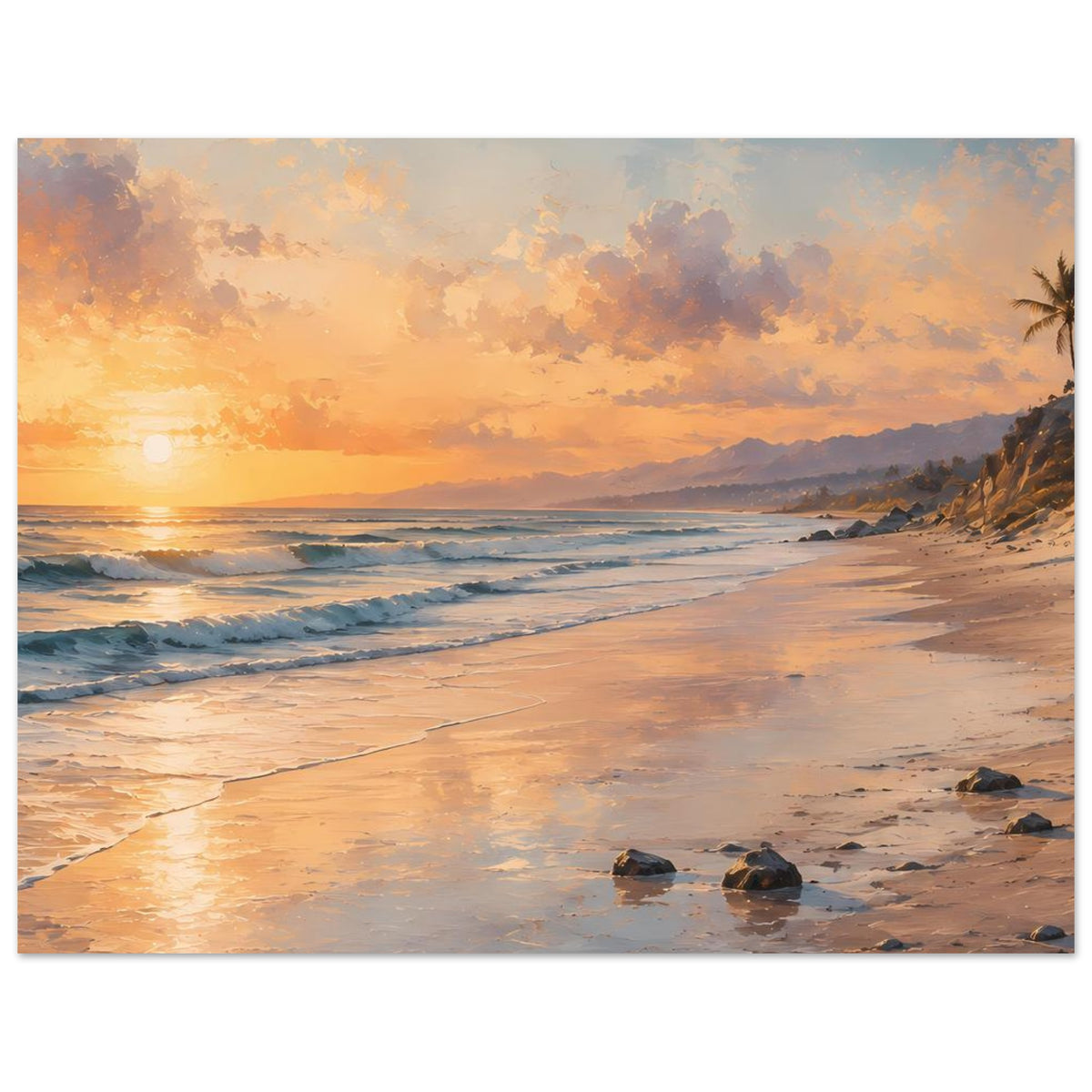 Strandposter auf mattem Papier, horizontal: Sonnenuntergang über dem Meer mit hellem Sandstrand.
