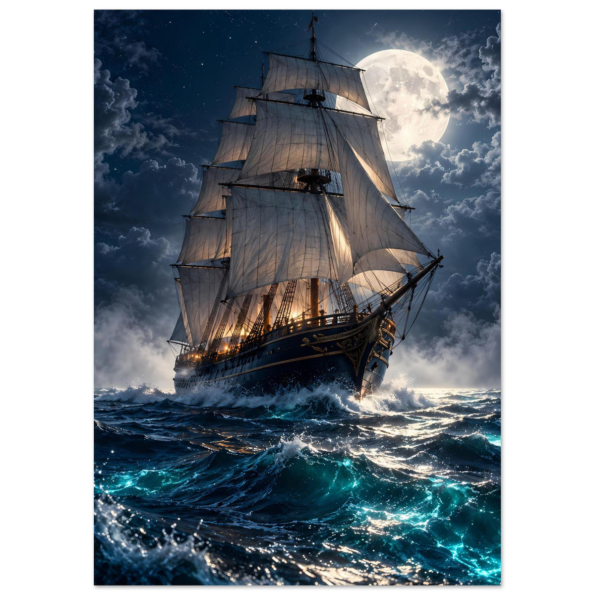 Hochkant-Segelschiff-Poster mit Vollsegeln, Vollmond und schäumender See