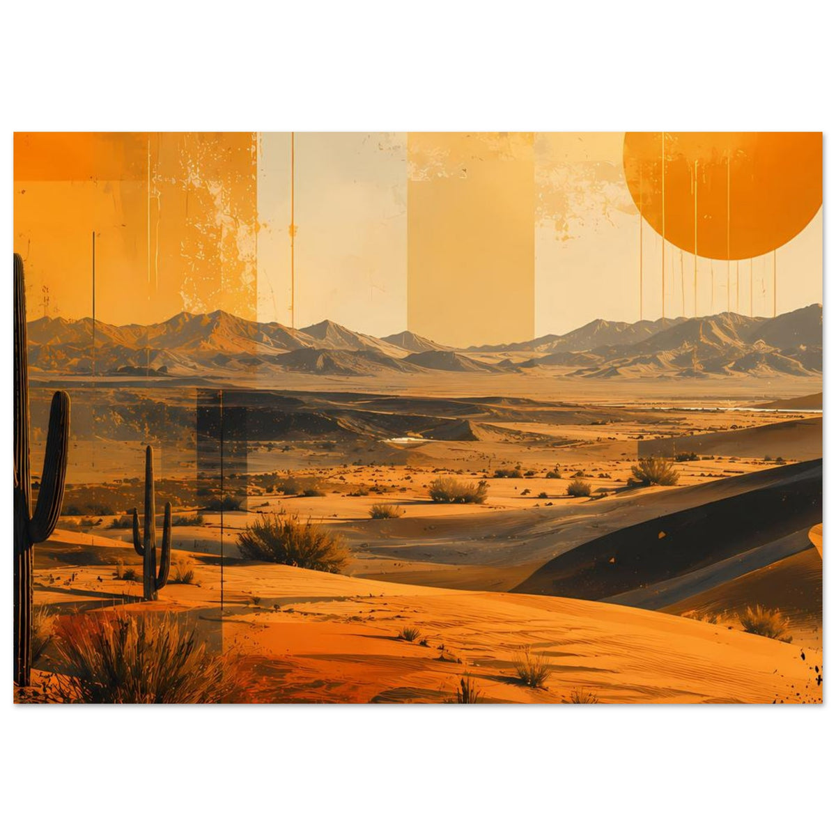 Retro-Wüstenposter mit Kakteen, Sanddünen und orangefarbener Sonne rechts oben, weißer Rand