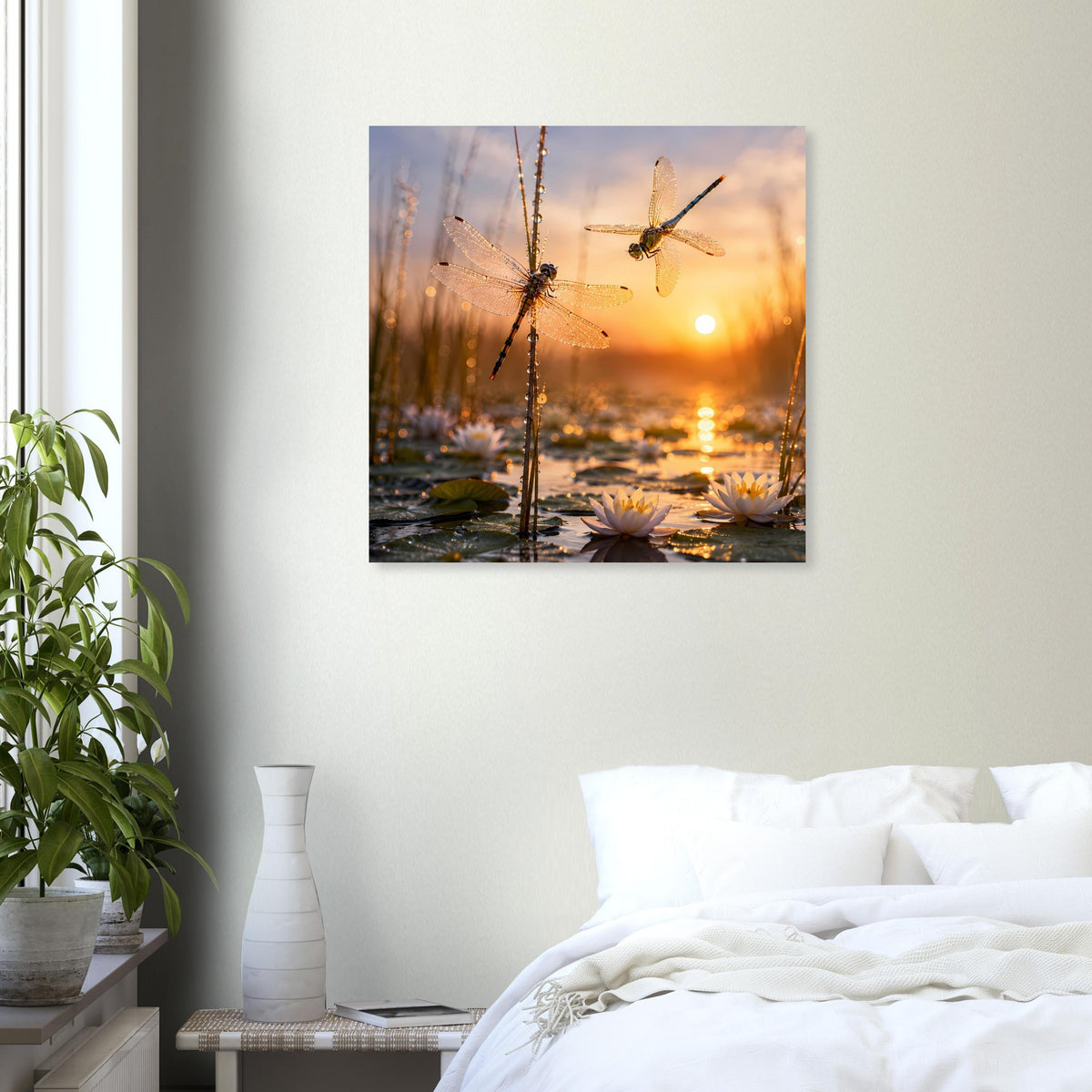 Gerahmtes Poster: Libellen über Seerosen im Abendsonnenlicht