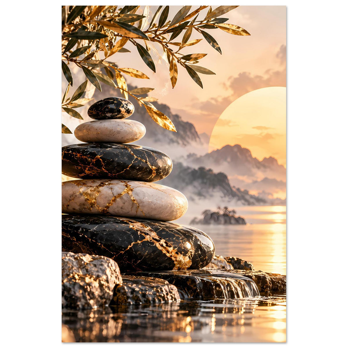 Poster im Hochformat: Steinhaufen, goldenes Blattwerk und Sonne über ruhigem Wasser