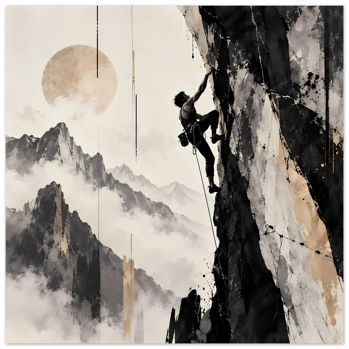 Kunstposter: Bergsteiger vor steiler Felswand, Berge im Nebel, monochrome Grafik