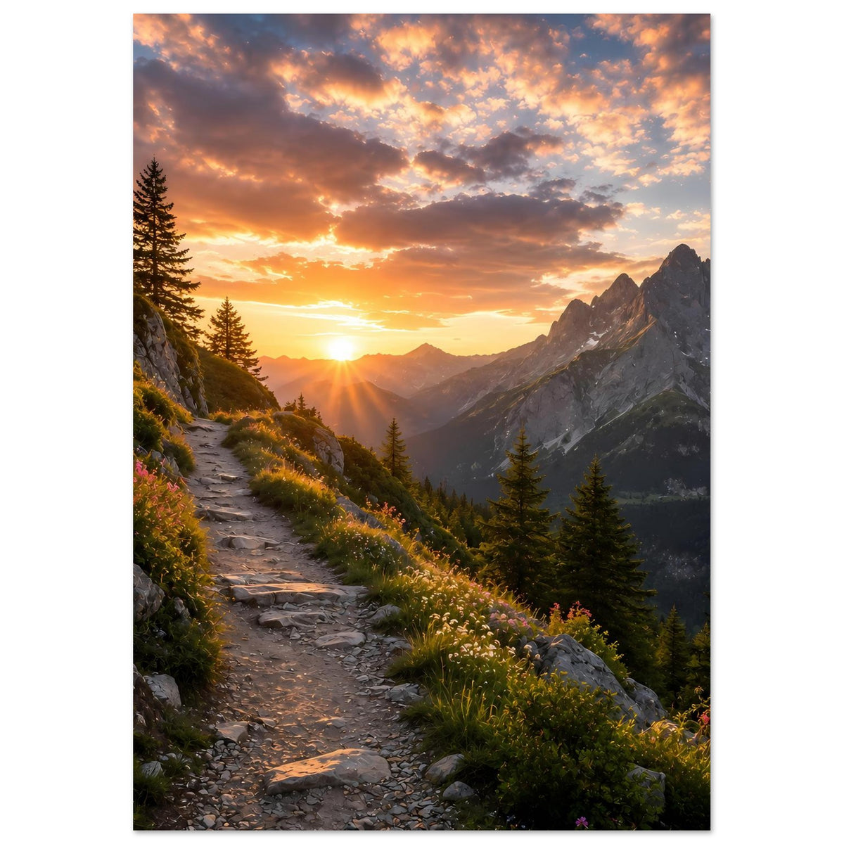 Hochformatiges Poster: Sonnenuntergangsstimmung im Tal, Bergkämme, Nadelbäume am Weg