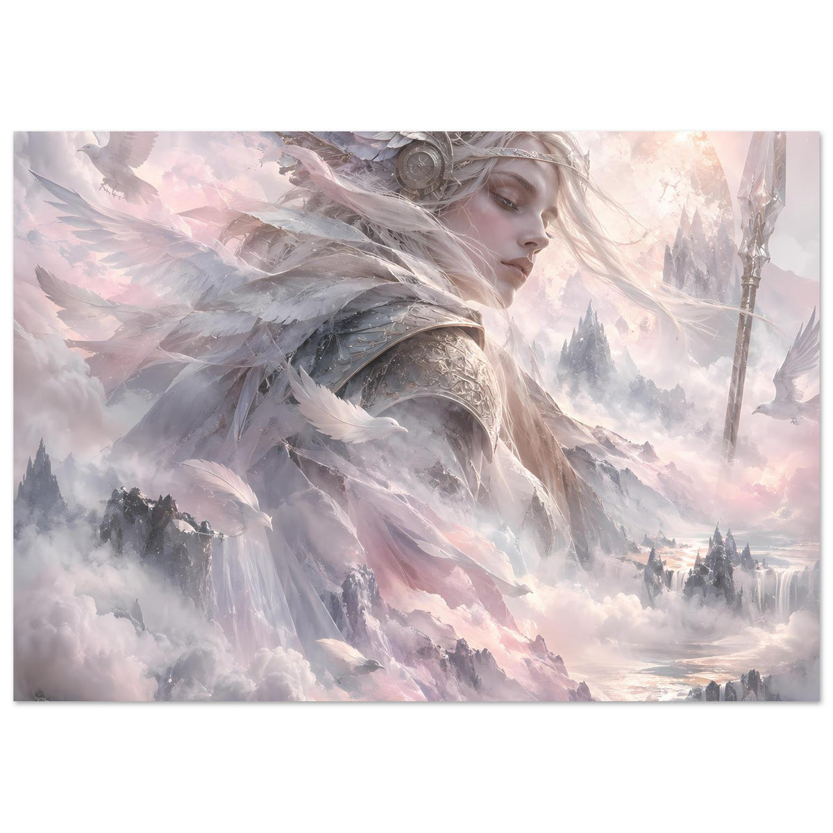 Nordisches Fantasy-Poster mit Walküre, Federkranz und Speer, Nebelberge im Pastellton