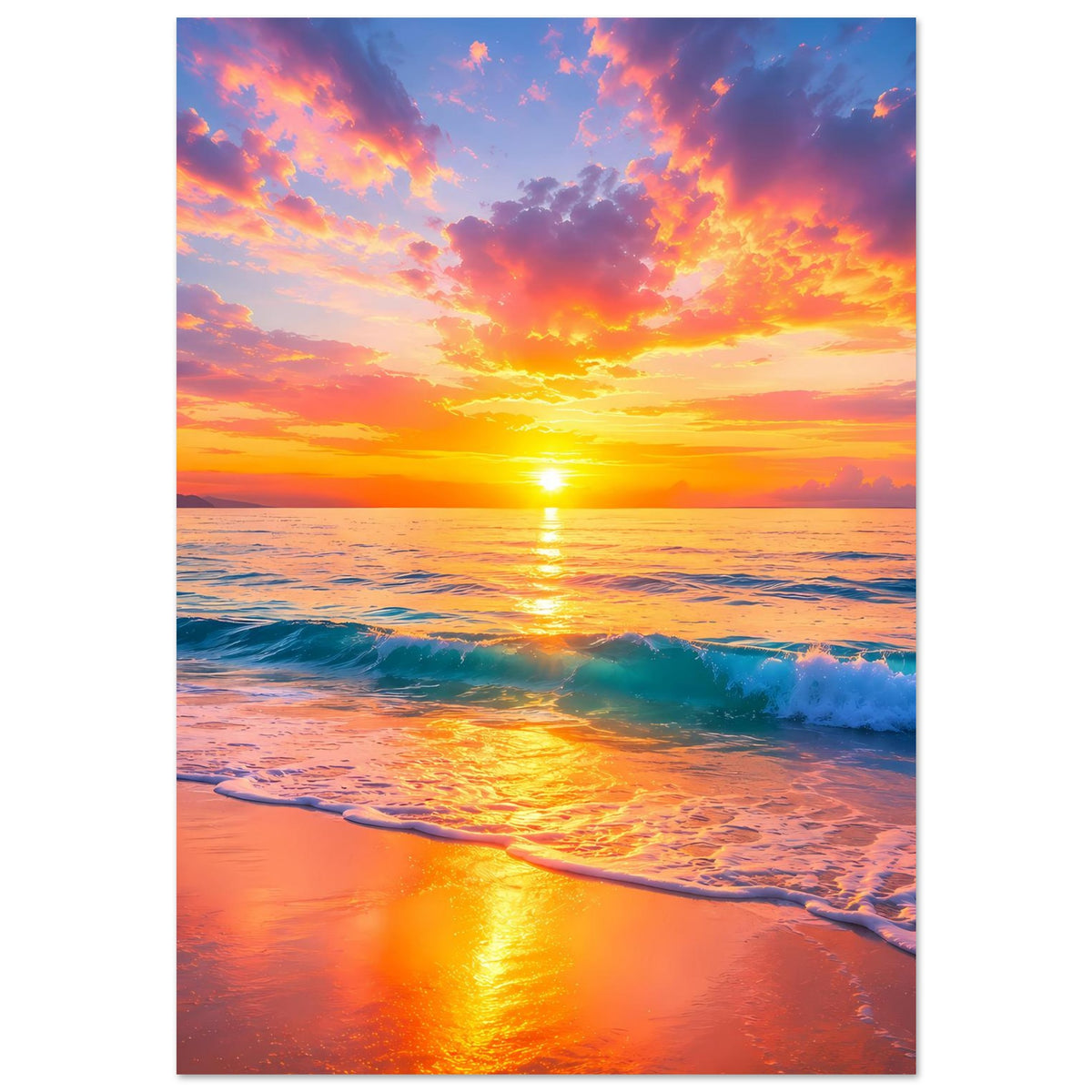 Sonnenuntergangs-Strandposter, vertikal: Sonne spiegelt sich im Wasser, anbrandende Wellen
