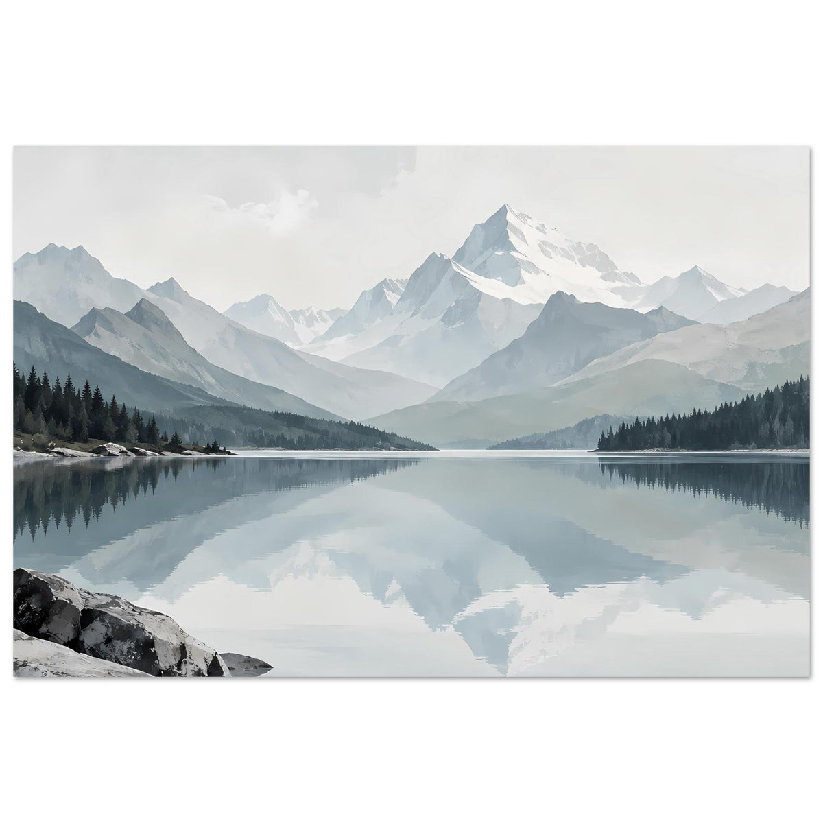 Horizontales Wandbild mit Bergsee-Spiegelung, Tannenwald am Ufer und schneeblauen Bergen