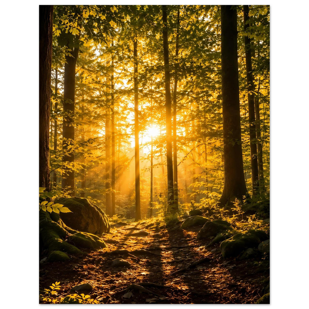 Waldposter, Hochformat: goldener Waldweg mit Sonnenstrahlen und gelbem Herbstlaub