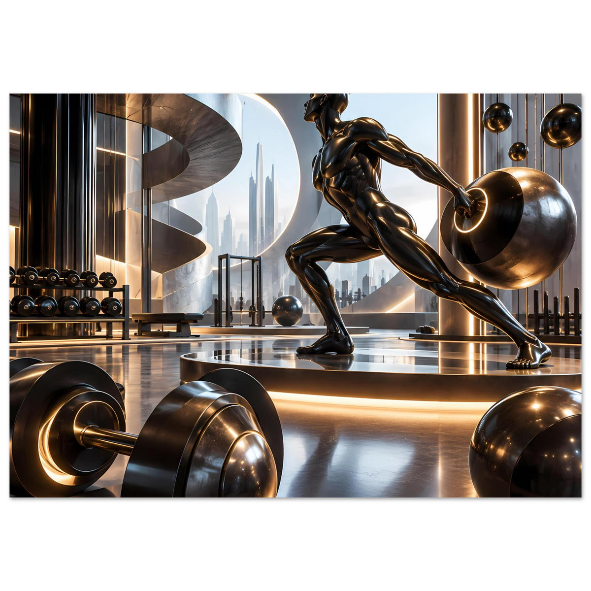 Horizontales Fitnessposter mit muskulöser Silhouette, Hantelscheiben und futuristischer Gym-Architektur