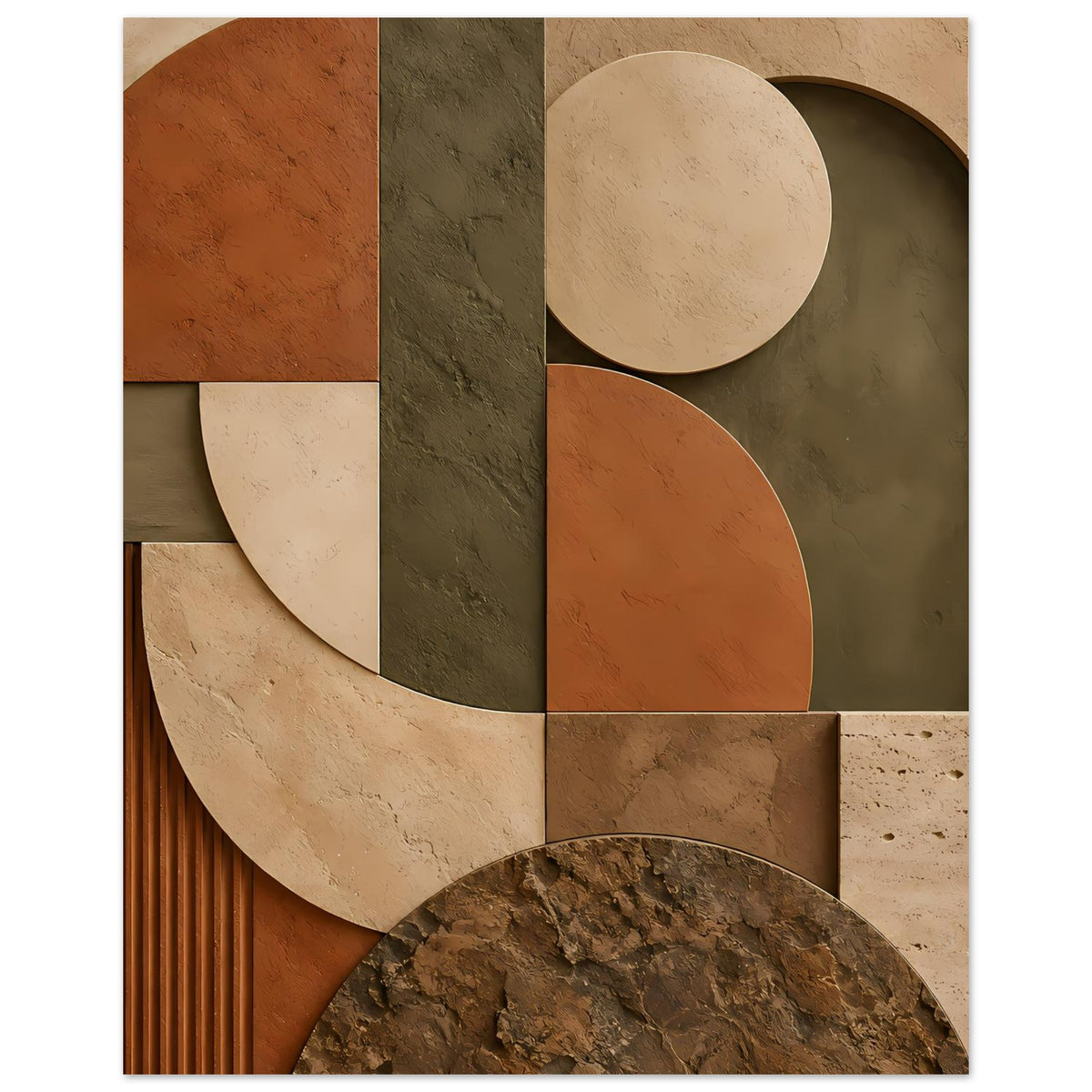 Geometrisches Poster mit großen Kreisen, Halbkreisen und Flächen in Rost, Oliv und Beige