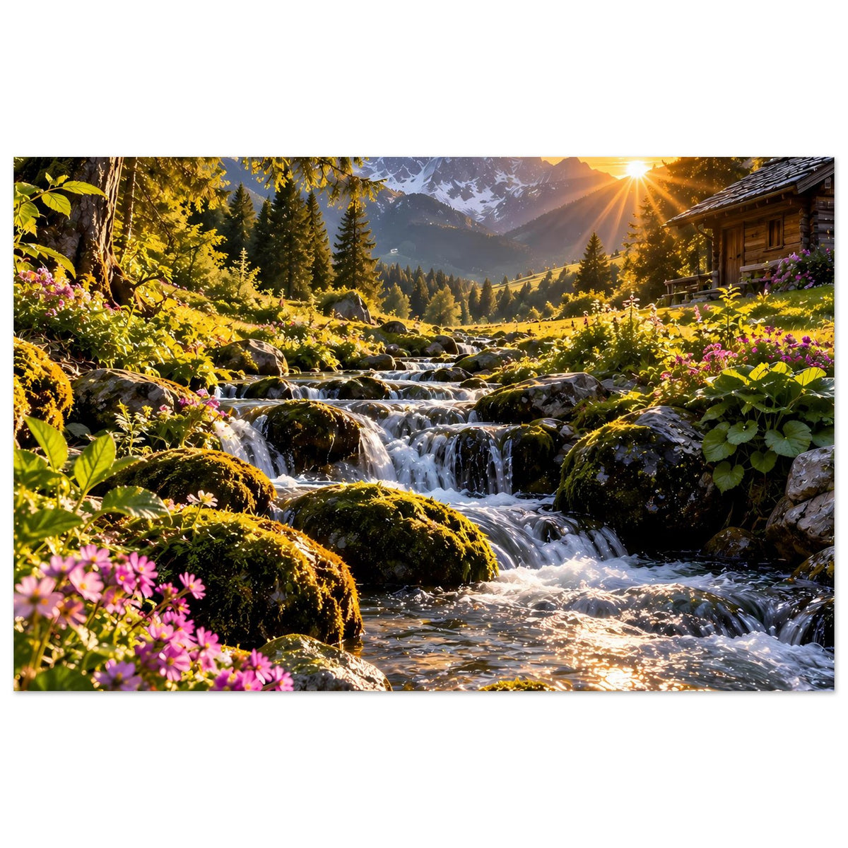 Posterdruck im Querformat mit Bergbach, moosigen Felsen und pinken Blüten im Sonnenlicht.