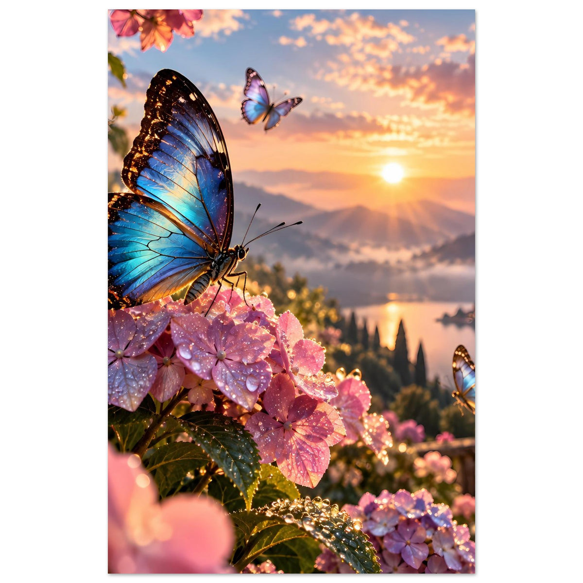 Poster mit blauem Schmetterling auf rosa Blüten, Sonnenuntergang und einzelne Schmetterlinge