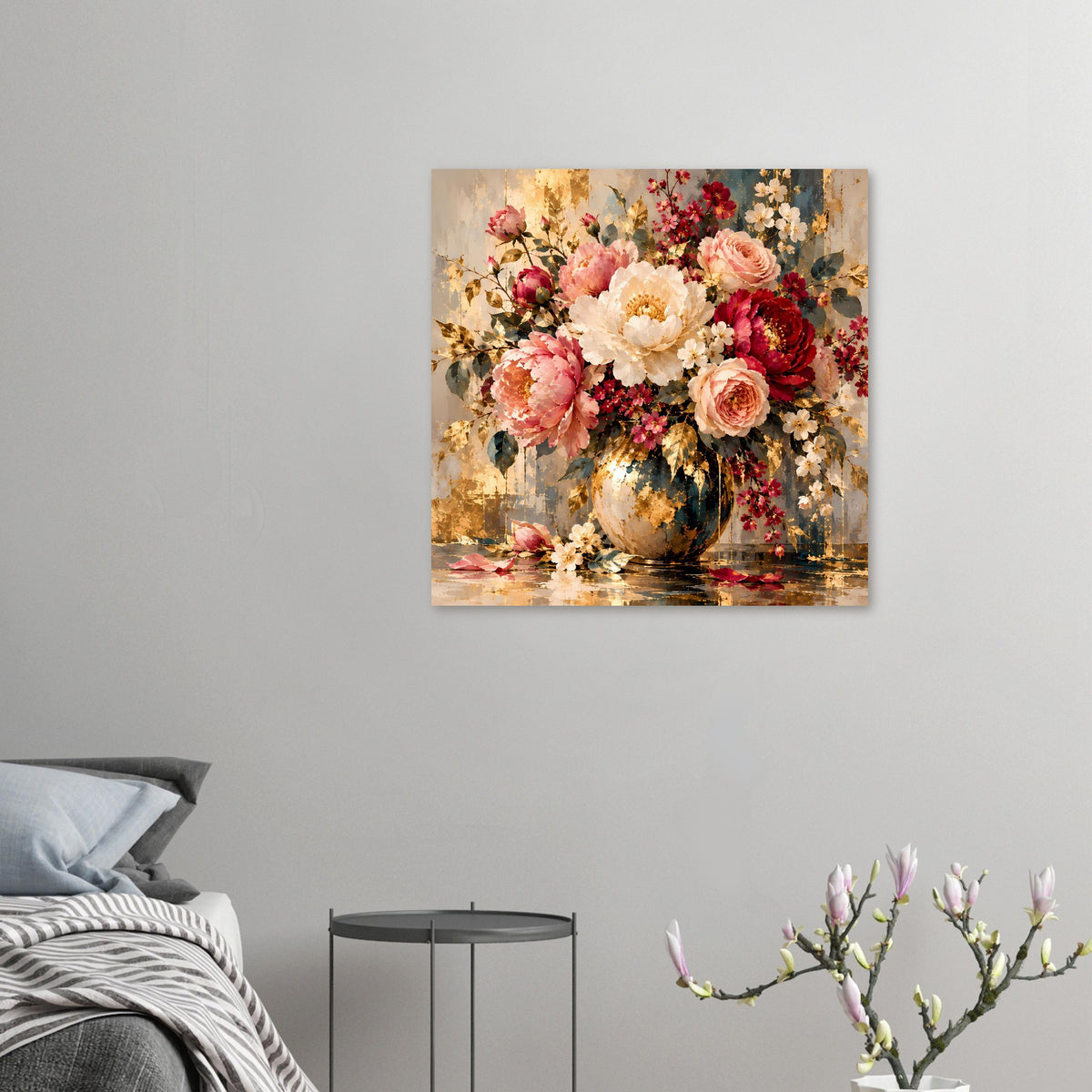 Kleines Blumenposter im Hochformat: Rosen in Vase, Pastellrosa, Creme und Burgunderrot