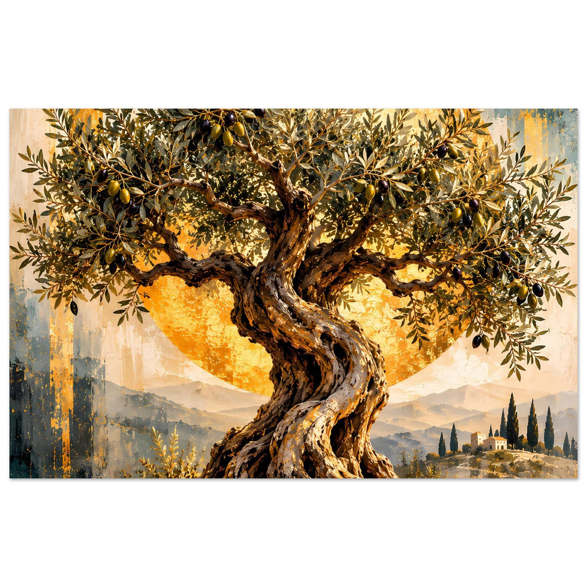 Wandposter mit Olivenbaum und goldenen Blättern, Landschaft und Sonnenkreis im Hintergrund