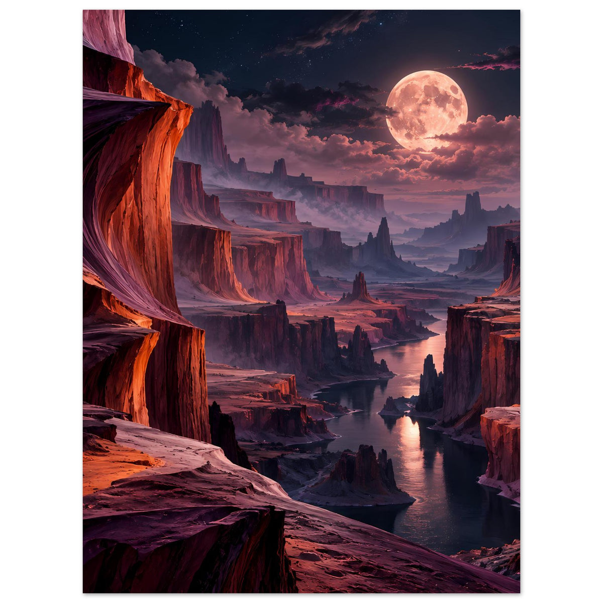 Landschaftsposter: Canyonlandschaft mit Fluss, leuchtenden Felswänden und Vollmond über Wolken