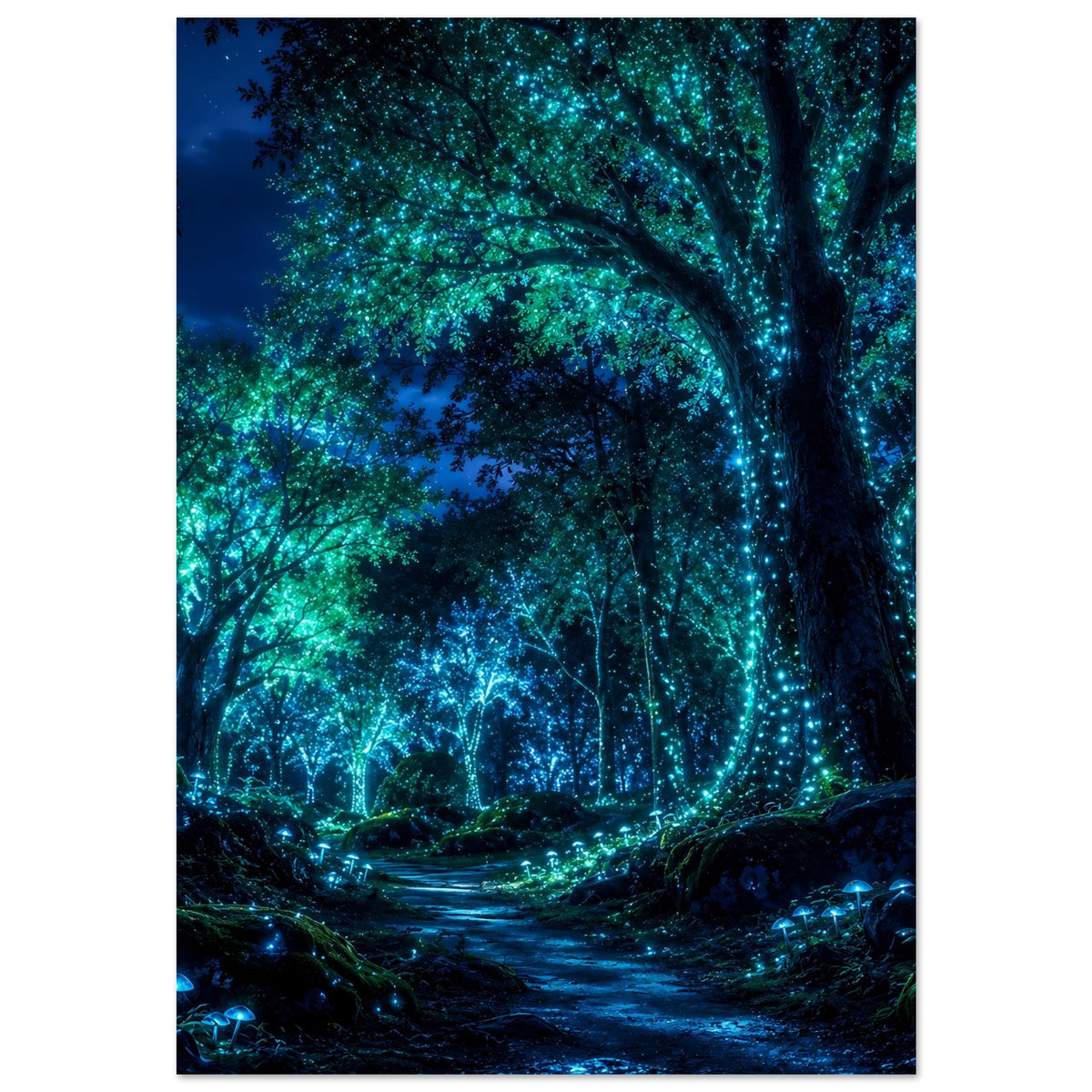 Poster mit bewachsenen Bäumen und leuchtender Lichtspur am Waldweg, Nacht in Blau-Grün